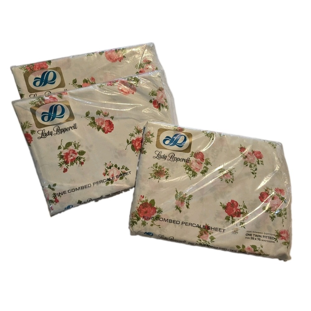 Vtg NEW Lady Pepperell Twin Fitted 2 Flat Sheets Pink Floral Comb Cotton Percale